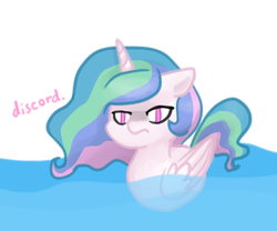 Size: 442x368 | Tagged: source needed, useless source url, safe, artist:breadcipher, princess celestia, duck pony, g4, angry, female, floppy ears, frown, glare, implied discord, solo, swanlestia, water