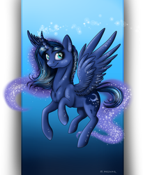 Size: 1204x1471 | Tagged: safe, artist:heather-west, princess luna, g4, curved horn, female, flying, horn, smiling, solo