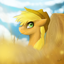 Size: 1024x1024 | Tagged: safe, artist:flutti, applejack, g4, female, hay bale, solo, straw