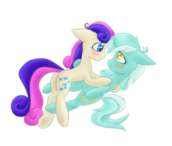 Size: 1300x1100 | Tagged: safe, artist:billysan727, bon bon, lyra heartstrings, sweetie drops, g4, blushing, female, lesbian, ship:lyrabon, shipping, simple background, smiling, transparent background, underhoof