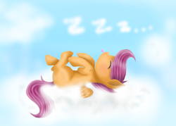 Size: 700x500 | Tagged: safe, artist:chanceyb, scootaloo, pegasus, pony, g4, blushing, cloud, cloud bed, cloudy, cute, cutealoo, female, filly, nap, on back, sleeping, snoring, solo, tongue out, zzz