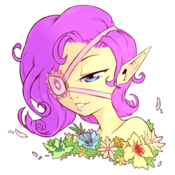 Size: 1280x1280 | Tagged: safe, artist:cold-blooded-twilight, rarity, elf, human, g4, curly hair, elf ears, elfification, eyepatch, flower, humanized