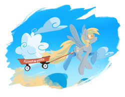 Size: 1400x1082 | Tagged: safe, artist:darkflame75, derpy hooves, pegasus, pony, g4, cart, cloud, cloudy, female, flying, mare, muffin, solo, wagon