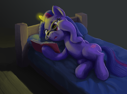 Size: 1826x1350 | Tagged: safe, artist:odooee, twilight sparkle, g4, bed, book, female, glasses, magic, reading, solo