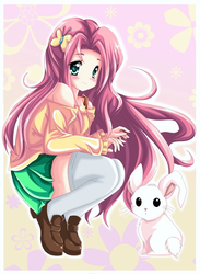 Size: 575x786 | Tagged: safe, artist:kiriche, angel bunny, fluttershy, human, g4, clothes, humanized, off shoulder, skirt, socks, thigh highs