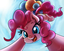 Size: 3000x2421 | Tagged: safe, artist:light262, pinkie pie, earth pony, pony, balloon, cloud, female, floating, looking at you, mare, open mouth, sky, solo, then watch her balloons lift her up to the sky