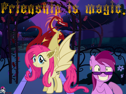 Size: 1130x844 | Tagged: safe, basil, fluttershy, oc, oc:soulless pinkamena, bat pony, dragon, pony, g4, flutterbat, race swap