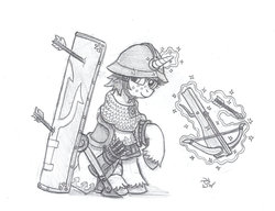 Size: 1021x783 | Tagged: safe, artist:sensko, pony, unicorn, armor, arrow, crossbow, grayscale, monochrome, pencil drawing, prance, shield, simple background, sketch, solo, traditional art, weapon, white background