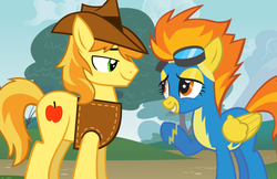 Size: 1024x662 | Tagged: safe, artist:thefrozenlovers, edit, braeburn, spitfire, g4, crack shipping, female, male, shipping, spitburn, straight, wonderbolts uniform