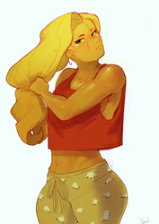 Size: 500x706 | Tagged: safe, artist:yunni-yunni, applejack, human, g4, belly button, clothes, female, humanized, loose hair, midriff, pajamas, solo, wide hips