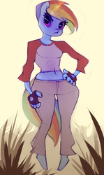 Size: 334x560 | Tagged: safe, artist:yunni-yunni, rainbow dash, anthro, g4, belly button, clothes, female, fingerless gloves, gloves, midriff, solo, wide hips