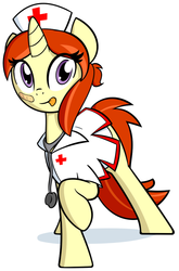 Size: 600x909 | Tagged: safe, oc, oc only, oc:sprocket, horse game, looking at you, nurse, outfit, raised hoof, solo, tongue out