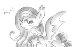 Size: 1280x832 | Tagged: safe, artist:mayleebell24, oc, oc only, oc:regina liliac, bat pony, pony, blushing, fangs, female, grumpy, mare, monochrome, sketch, solo, traditional art