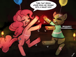 Size: 960x720 | Tagged: safe, artist:lumineko, pinkie pie, zombie, g4, 30 minute art challenge, balloon, dialogue, party