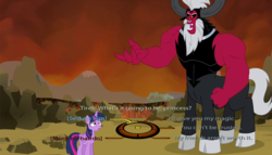 Size: 943x539 | Tagged: safe, screencap, lord tirek, twilight sparkle, alicorn, pony, g4, twilight's kingdom, dialogue wheel, female, image macro, mare, mass effect, meme, open mouth, smirk, twilight sparkle (alicorn), wide eyes, worried