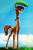 Size: 1000x1500 | Tagged: safe, artist:madhotaru, oc, oc only, oc:acacias zarafu, giraffe, brown eyes, fluffy, grass, leaf, long legs, long neck, ossicones, scar, slender, smiling, solo, tail wrap, thin