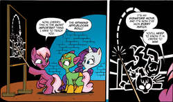 Size: 1305x769 | Tagged: safe, idw, cheerilee, cherry blossom (g4), rarity, g4, spoiler:comic, spoiler:comic29, chalkboard, spinning appleloosa roll