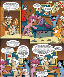 Size: 1263x1519 | Tagged: safe, idw, applejack, mayor mare, nervous nellie, run-around, wooly, bird, earth pony, pigeon, pony, friends forever #15, g4, my little pony: friends forever, spoiler:comic, book, butt, comic, drool, female, guano, mare, night shift (g4), pencil, plot, sleeping