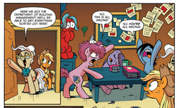 Size: 873x536 | Tagged: safe, idw, applejack, mayor mare, nervous nellie, run-around, wooly, bird, earth pony, pigeon, pony, friends forever #15, g4, my little pony: friends forever, spoiler:comic, butt, comic, drool, female, guano, mare, night shift (g4), plot, sleeping