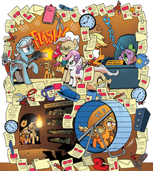 Size: 1359x1519 | Tagged: safe, artist:brenda hickey, idw, apple bloom, applejack, mayor mare, scootaloo, spike, sweetie belle, dragon, earth pony, pegasus, pony, unicorn, friends forever #15, g4, my little pony: friends forever, spoiler:comic, camera, clock, comic, cutie mark crusaders, female, filly, hamster wheel, male, mouth hold, pencil, scissors
