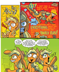 Size: 1277x1565 | Tagged: safe, artist:brenda hickey, idw, applejack, mayor mare, friends forever #15, g4, my little pony: friends forever, spoiler:comic, angry, bipedal, bucking, cowboy hat, crazy face, derp, faic, hat, horses doing horse things, insanity, mane on fire, messy mane, open mouth, raised hoof, snapplejack, stetson, swirly eyes, twilighting