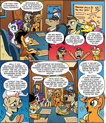 Size: 1277x1491 | Tagged: safe, idw, applejack, carrot cake, cup cake, davenport, filthy rich, flax seed, mayor mare, opalescence, rarity, earth pony, pony, unicorn, friends forever #15, g4, my little pony: friends forever, spoiler:comic, comic, female, hang in there, male, mare, pencil, sitting, stallion, sweat