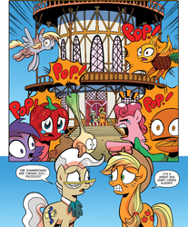 Size: 1397x1687 | Tagged: safe, artist:brenda hickey, idw, applejack, derpy hooves, mayor mare, earth pony, pegasus, pony, friends forever #15, g4, my little pony: friends forever, spoiler:comic, female, mare, ponyville town hall, town hall, transformation