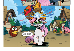 Size: 1395x969 | Tagged: safe, artist:brendahickey, idw, official comic, sweetie belle, pig, pony, unicorn, friends forever, g4, spoiler:comic, spoiler:comicff15, arrested development, banana, carmen miranda, clothes, costume, crying, cute, female, filly, foal, food, food costume, food transformation, fruit, fruit basket, hat, hay bales, haymellon, horn, i've made a huge mistake, pineapple, sparking horn, speech bubble, straw hat, sweetie belle's magic brings a great big smile, sweetie fail, sweetiedumb, teary eyes, transformation, wat, watermelon