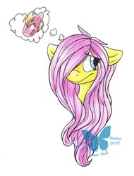 Size: 780x1024 | Tagged: safe, artist:suetonicsonic, big macintosh, fluttershy, earth pony, pony, g4, dream, male, ship:fluttermac, shipping, stallion, straight, thought bubble, traditional art