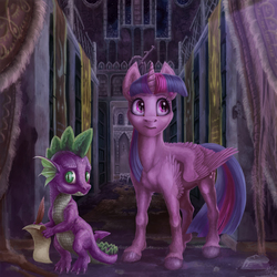 Size: 2000x2000 | Tagged: safe, artist:gor1ck, spike, twilight sparkle, alicorn, pony, g4, castle of the royal pony sisters, detailed, female, high res, mare, twilight sparkle (alicorn), uncanny valley