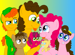 Size: 1024x754 | Tagged: safe, artist:crazynutbob, cheese sandwich, pinkie pie, oc, oc:berry blast, oc:cheesecake chase, oc:fudge fondue, oc:pizza pockets, oc:rocky road, g4, family, female, heartwarming in hindsight, male, offspring, parent:cheese sandwich, parent:pinkie pie, parents:cheesepie, ship:cheesepie, shipping, straight