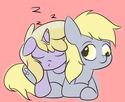 Size: 1161x948 | Tagged: safe, artist:kimmychan1, derpy hooves, dinky hooves, pegasus, pony, g4, cuddling, cute, equestria's best mother, eyes closed, female, mare, on top, prone, sleeping, smiling, snuggling, zzz