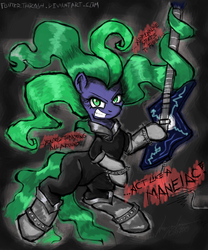Size: 1500x1803 | Tagged: safe, artist:flutterthrash, mane-iac, g4, electric guitar, female, grin, guitar, heavy metal, lyrics, metal, metallica, musical instrument, solo, song reference, spiked wristband, text, thrash metal, whiplash (song), wristband