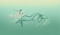 Size: 1165x686 | Tagged: safe, artist:january-joy, seaflower, merpony, pony, seapony (g4), unicorn, g1, bubble, crepuscular rays, female, fish tail, flower, flower in hair, flowing mane, flowing tail, horn, jewelry, long horn, necklace, ocean, pearl necklace, species swap, swimming, tail, underwater, water