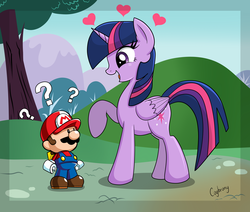 Size: 5053x4280 | Tagged: safe, artist:thebrokencog, twilight sparkle, alicorn, pony, g4, absurd resolution, crossover, female, heart, male, mare, mario, mario vs donkey kong, mini mario, nintendo, open mouth, question mark, raised hoof, smiling, super mario, toy, twilight sparkle (alicorn)