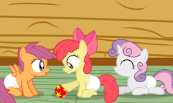 Size: 8412x5000 | Tagged: safe, artist:mypaintedmelody, apple bloom, scootaloo, sweetie belle, earth pony, pegasus, pony, unicorn, g4, absurd resolution, ball, cutie mark crusaders, diaper, diaper fetish, female, filly, foal, mare, non-baby in diaper