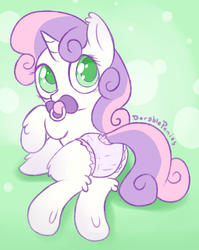 Size: 1315x1654 | Tagged: safe, artist:dorableponies, sweetie belle, pony, unicorn, g4, colored pupils, diaper, female, mare, non-baby in diaper, pacifier, solo, underhoof