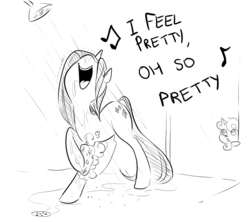 Size: 900x800 | Tagged: safe, artist:glacierclear, rarity, sweetie belle, pony, unicorn, g4, dialogue, female, filly, loofah, mare, monochrome, open mouth, shower, singing, singing in the shower, sisters, song reference, voyeurism, west side story, wet, wet mane, wet mane rarity