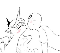 Size: 900x800 | Tagged: safe, artist:glacierclear, princess luna, oc, oc:anon, alicorn, human, pony, g4, blushing, clothes, eyes closed, female, human male, imminent kissing, kissing, leaning, leaning forward, male, mare, monochrome, simple background, sketch, sweat, white background
