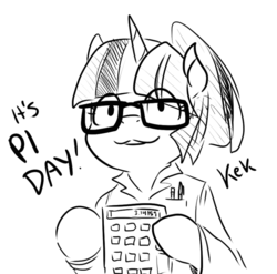 Size: 788x777 | Tagged: safe, artist:glacierclear, twilight sparkle, g4, female, glasses, kek, monochrome, nerd, pen, pi day, pocket protector, smiling, smirk, solo