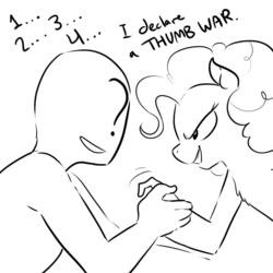 Size: 868x869 | Tagged: safe, artist:glacierclear, pinkie pie, oc, oc:anon, human, pony, g4, black and white, cursed image, dialogue, female, gigawat, grayscale, looking at each other, mare, monochrome, pinkie being pinkie, pinkie physics, smiling, suddenly hands, thumb wrestling, wat