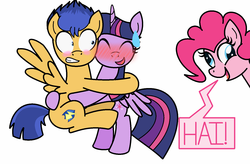 Size: 1566x1026 | Tagged: safe, artist:mylittlepon3lov3, flash sentry, pinkie pie, twilight sparkle, alicorn, pony, g4, backwards cutie mark, blushing, derp, female, male, mare, ship:flashlight, shipping, straight, surprised, twilight sparkle (alicorn)