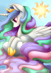 Size: 1280x1810 | Tagged: safe, artist:grandifloru, princess celestia, alicorn, pony, g4, cloud, female, looking down, prone, solo