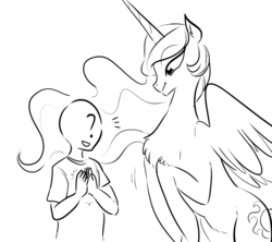 Size: 900x800 | Tagged: safe, artist:glacierclear, princess celestia, oc, oc:anon, human, g4, chest fluff, monochrome