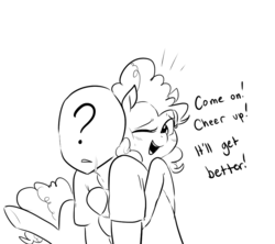 Size: 900x800 | Tagged: safe, artist:glacierclear, pinkie pie, oc, oc:anon, human, g4, dialogue, hug, monochrome