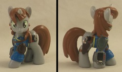 Size: 2133x1261 | Tagged: safe, artist:gryphyn-bloodheart, oc, oc only, oc:littlepip, pony, unicorn, fallout equestria, fallout equestria: project horizons, 3d print, blind bag, clothes, collage, customized toy, cutie mark, fanfic, female, gun, handgun, hooves, horn, irl, jumpsuit, little macintosh, mare, photo, pipbuck, revolver, solo, toy, vault suit, weapon