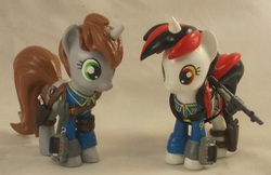 Size: 3433x2225 | Tagged: safe, artist:gryphyn-bloodheart, oc, oc only, oc:blackjack, oc:littlepip, pony, unicorn, fallout equestria, fallout equestria: project horizons, 3d print, clothes, customized toy, fanfic, female, funko, gun, handgun, high res, horn, irl, jumpsuit, little macintosh, mare, mystery mini, mystery minis, photo, pipbuck, revolver, toy, vault suit, weapon