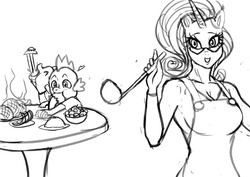 Size: 842x595 | Tagged: safe, artist:franschesco, rarity, spike, dragon, unicorn, anthro, g4, breasts, busty rarity, child, cute, duo, duo male and female, eating, female, food, glasses, horn, male, monochrome, pixiv, spikabetes, spikelove