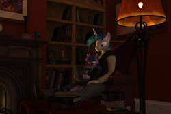 Size: 3000x2000 | Tagged: safe, artist:tahublade7, shining armor, twilight sparkle, anthro, plantigrade anthro, g4, 3d, book, daz studio, dork, filly, fireplace, glasses, high res, reading, that pony sure does love books, younger