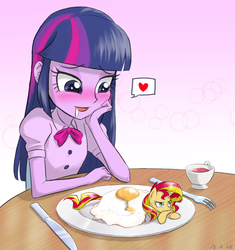 Size: 1100x1168 | Tagged: safe, artist:ta-na, sunset shimmer, twilight sparkle, pony, unicorn, equestria girls, g4, bacon hair, blushing, breakfast, drool, egg (food), female, fetish, food, heart, imminent vore, lesbian, micro, person as food, ponies in food, pun, ship:sunsetsparkle, shipping, sunset shimmer dressing up as food, tea, teacup, twilight sparkle (alicorn), twipred, visual pun